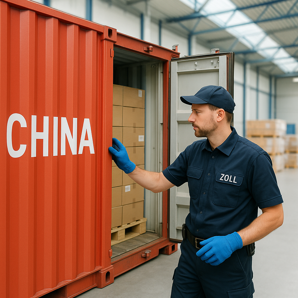 Nahaufnahme eines geffneten berseecontainers mit der Aufschrift China neben dem ein Zollbeamter mit Arbeitshandschuhen professionelle Sichtkontrolle durchfhrt Unscharfe Paletten und eine moderne Lagerhalle bilden den Hintergrund  alles gehalten in kl