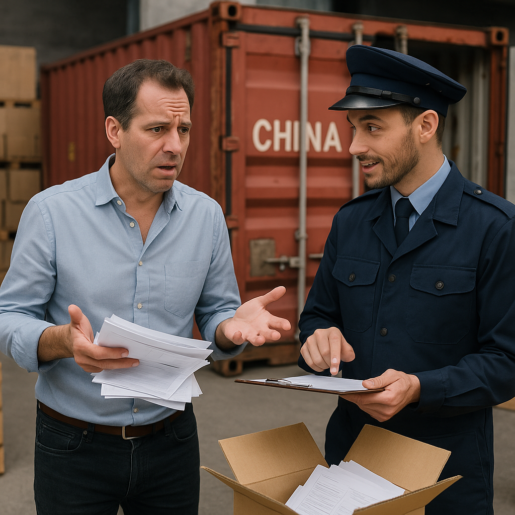 Realistische praxisnahe Szene am Zollhof Ein Importeur hlt ratlos einen Stapel Dokumente und spricht mit einem freundlichen aber prfenden Zollbeamten vor einem Container aus China Im Hintergrund sind Kisten und Paletten gestapelt Neben dem Container-1