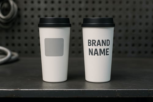 Zwei weiße Kaffeebecher im Vergleich: Links mit generischem Etikett, rechts mit der Aufschrift „BRAND NAME“ – Symbolbild für Private Label Produkte.