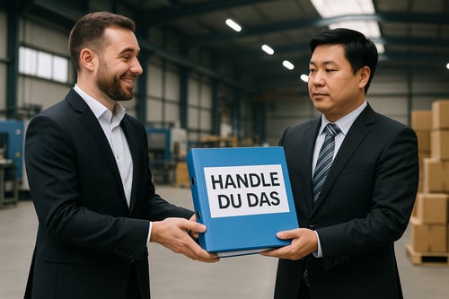 Ein westlicher Unternehmer übergibt einem asiatischen Geschäftspartner in moderner Industriehalle einen blauen Ordner mit der Aufschrift „HANDLE DU DAS“ – symbolisiert die Delegation des China-Einkaufs an ein professionelles Einkaufsbüro.