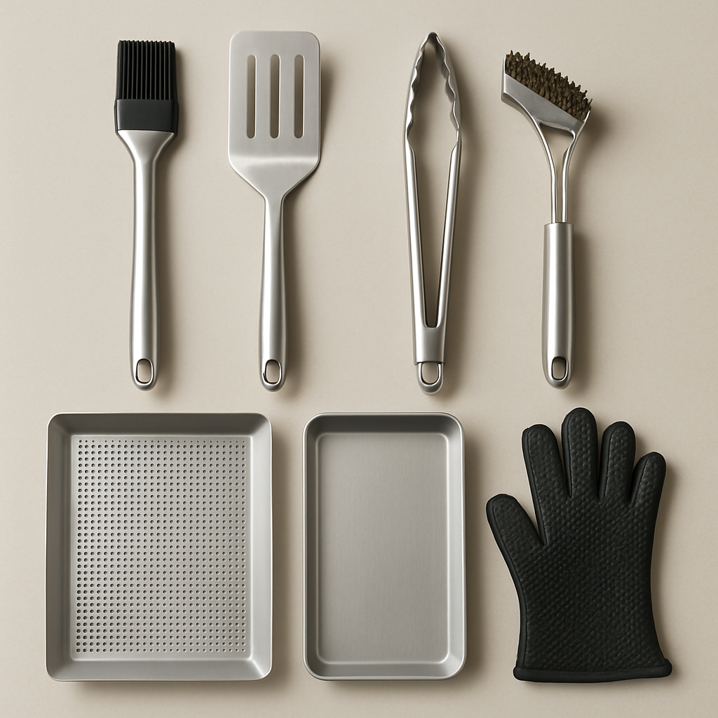 Sortiment an Grillwerkzeugen wie Wender und Bürsten als Beispiel für komplexe Qualitätsanforderungen beim Import.