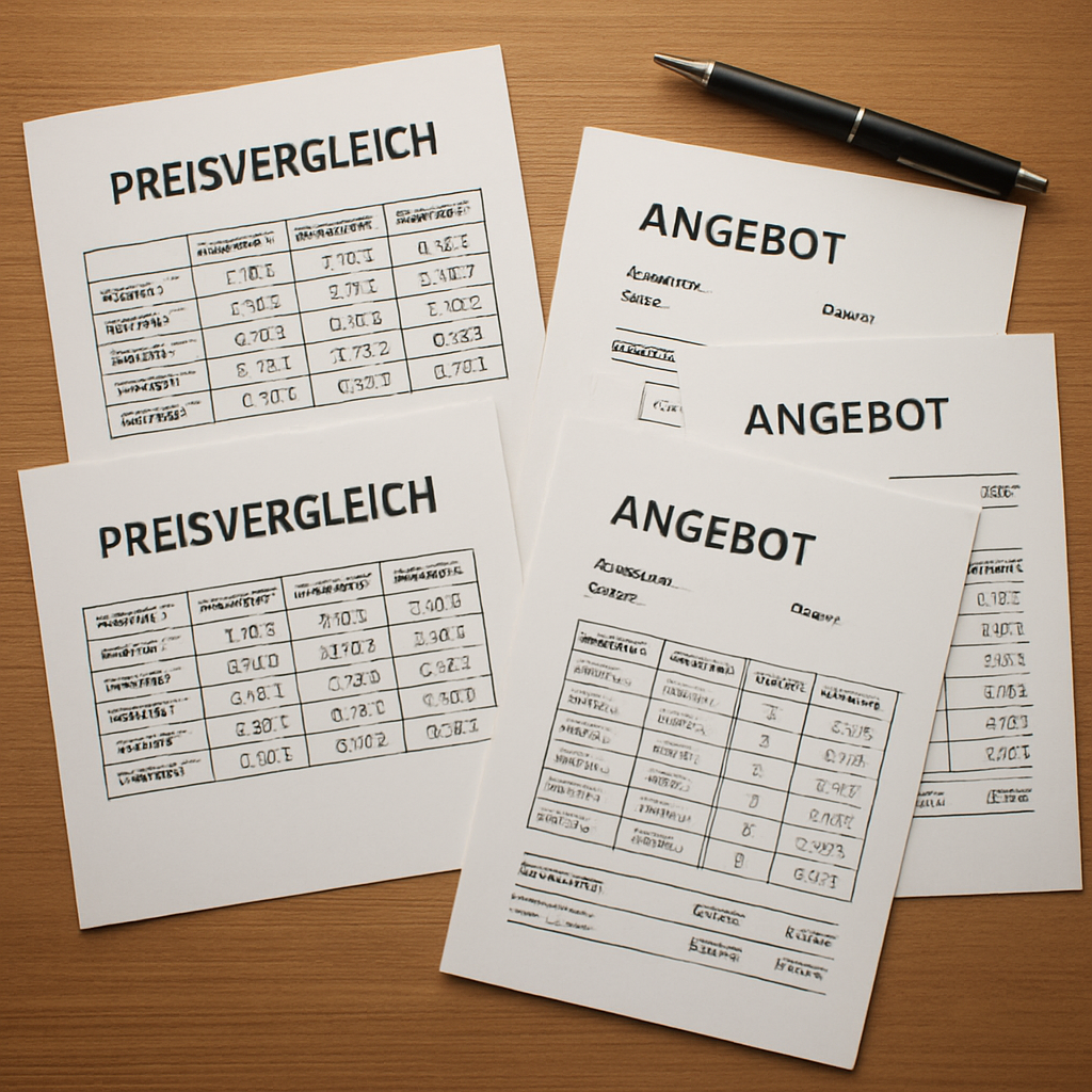 Preisvergleich Tabellen und Angebotsdokumente auf dem Tisch