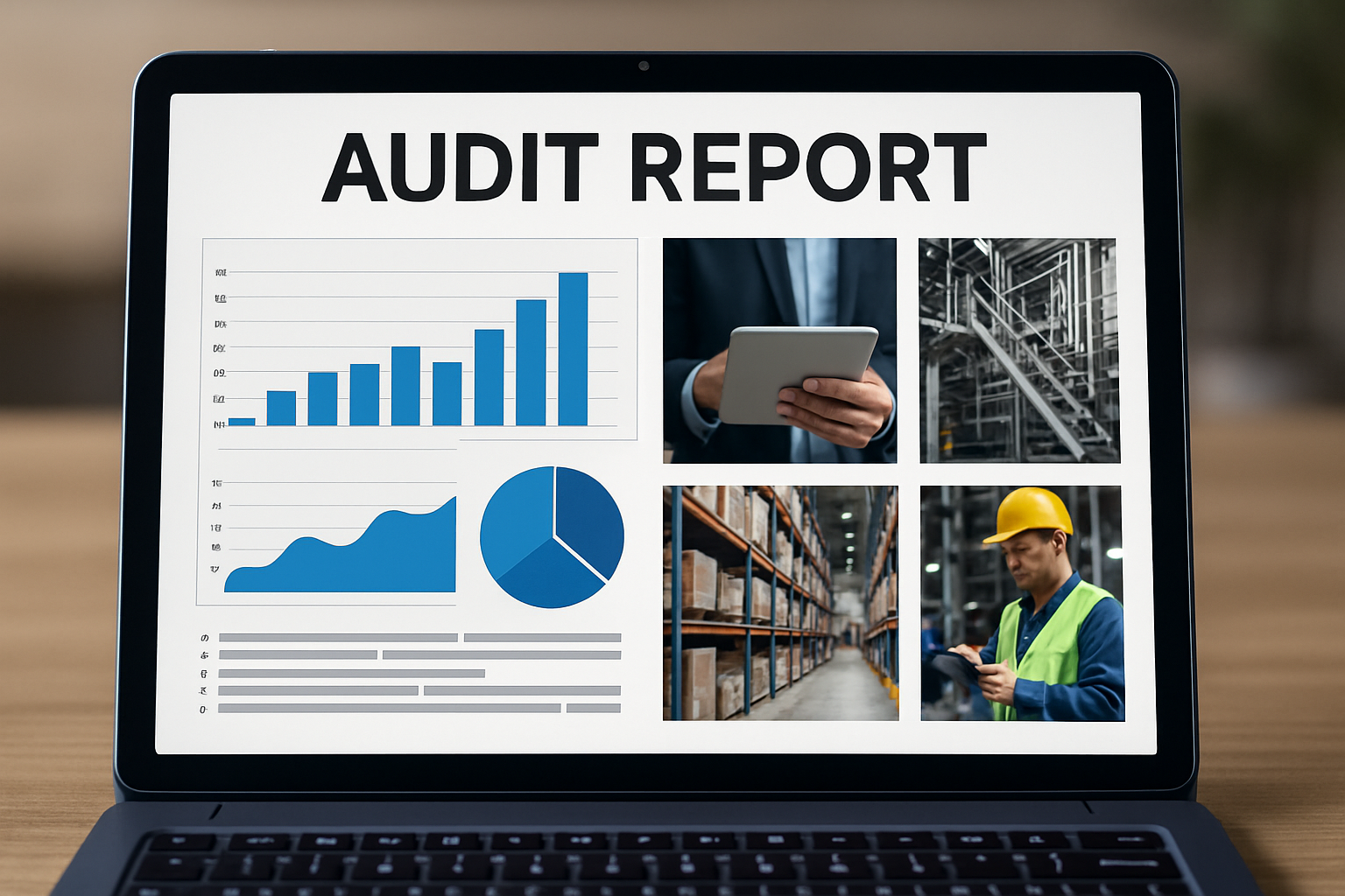 Tablet oder Laptop mit Auditbericht und Fotos-1