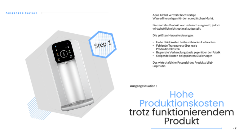 Wasserspender von Aqua Global für den europäischen Markt als Beispiel für hohe Produktionskosten trotz funktionierendem Produkt bei China Import